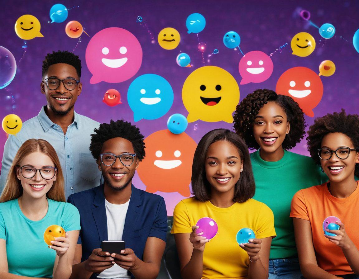 A dynamic virtual conversation scene featuring diverse people engaging in a lively chat on their devices. Include bubbles with emojis and text snippets showcasing various chat strategies like empathy and humor. Add a vibrant digital backdrop representing a tech-savvy atmosphere with light effects. super-realistic. vibrant colors. 3D.